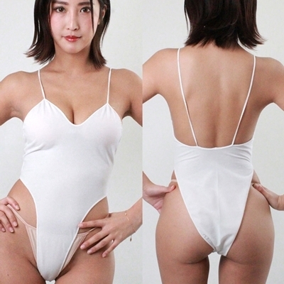 ガーゼ風生地ストレッチハイレグハーフバックレオタード　ホワイト