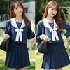 <malymoon>純白リボンの紺色長袖セーラー服3点セット